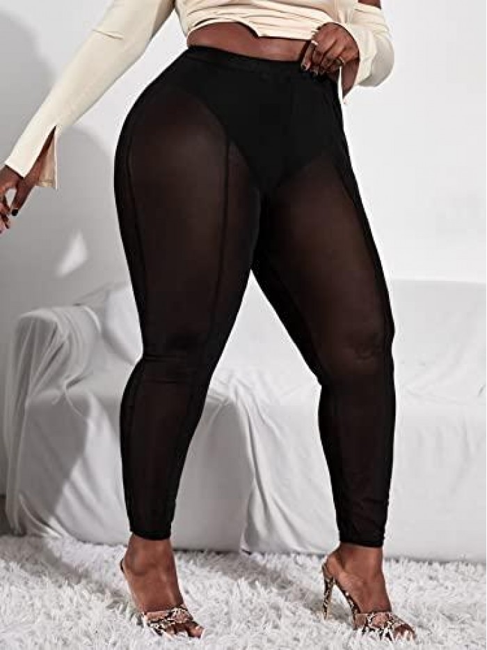 Women's Plus Size Sheer Mesh High Waist Panty Lined Leggings Pants 