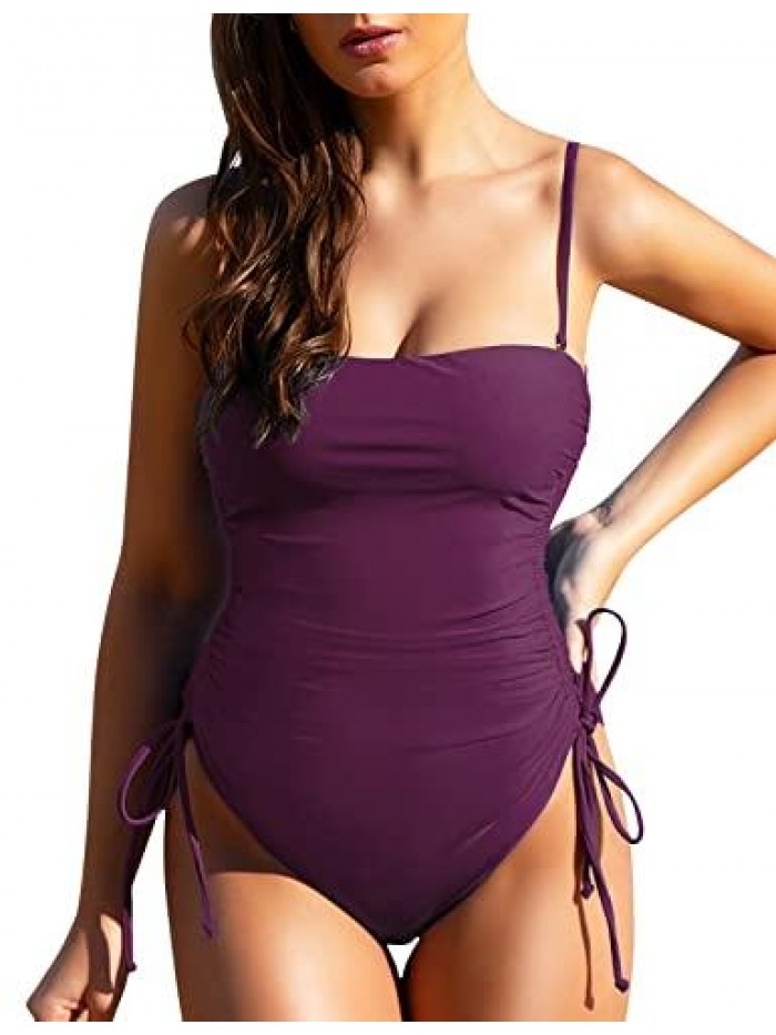 Womens One Piece Bathing Suit Strapless Slimming Tummy Control Swimwear Side Drawstring Ruched Swimsuit 