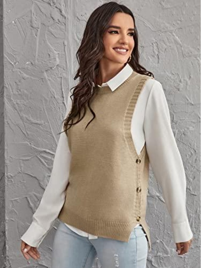 Women's Buttoned Side Slit Hem Round Neck Sleeveless Pullover Sweater Vest 