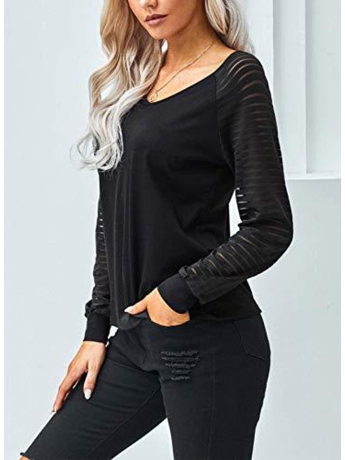 Women's Casual V Neck Tops Long Sleeve Shirts Striped Sheer Mesh Patchwork Blouses and Tops 