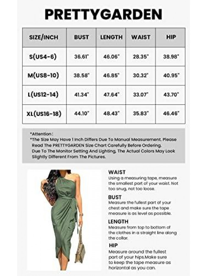 Women's Ruched Bodycon Dress Asymmetrical Sleeveless One Shoulder Wrap Satin Belted Cocktail Midi Dress 