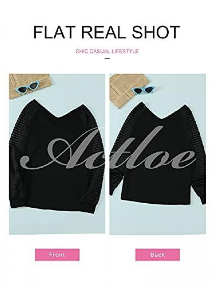 Women's Casual V Neck Tops Long Sleeve Shirts Striped Sheer Mesh Patchwork Blouses and Tops 