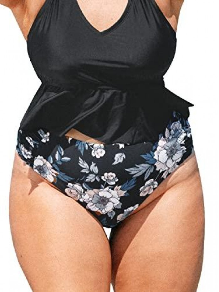 Women Floral Side Shirred Hipster Plus Size Bikini Bottom 