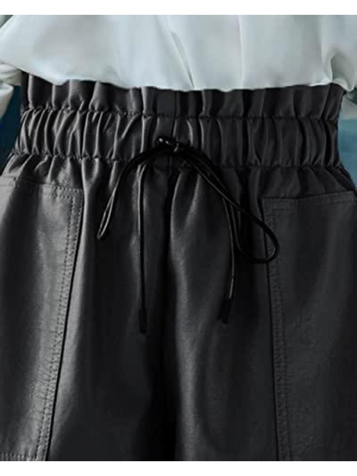 Women Faux Leather Short High Waist Leather Shorts Drawstring Elastic Waist Leather Short 