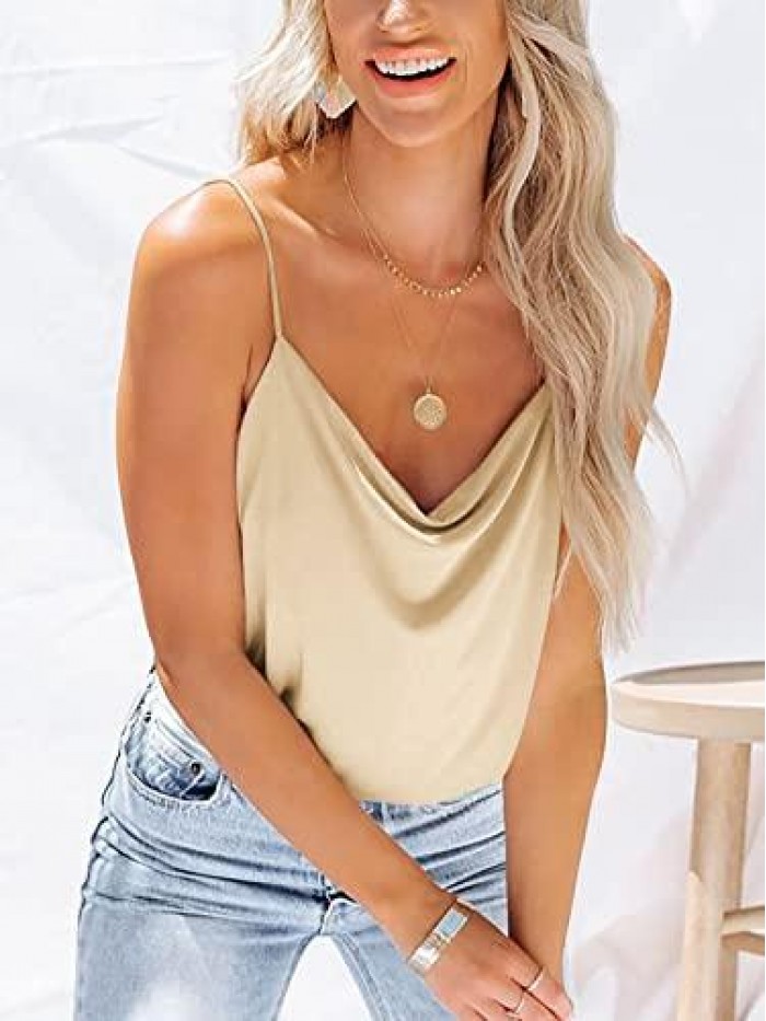 Women Spaghetti Straps Cowl Neck Camis Loose Comfy Sleeveless Tank Top Soft Camisole Blouse 