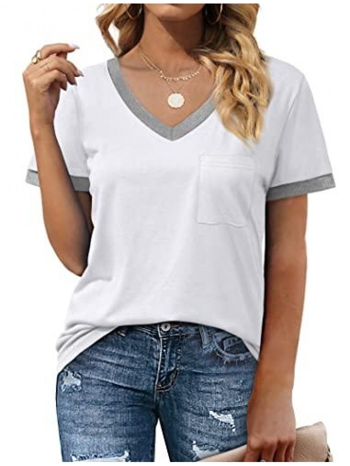 Womens T Shirts Short Sleeve V Neck Loose Casual Summer Tops with Pocket 