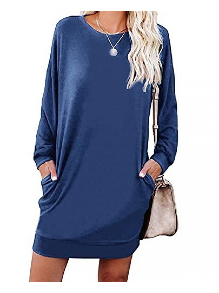 Womens Long Sleeve Crewneck Sweatshirt Tunic Tops Casual Lightweight Sweatshirt Dress with Pockets 