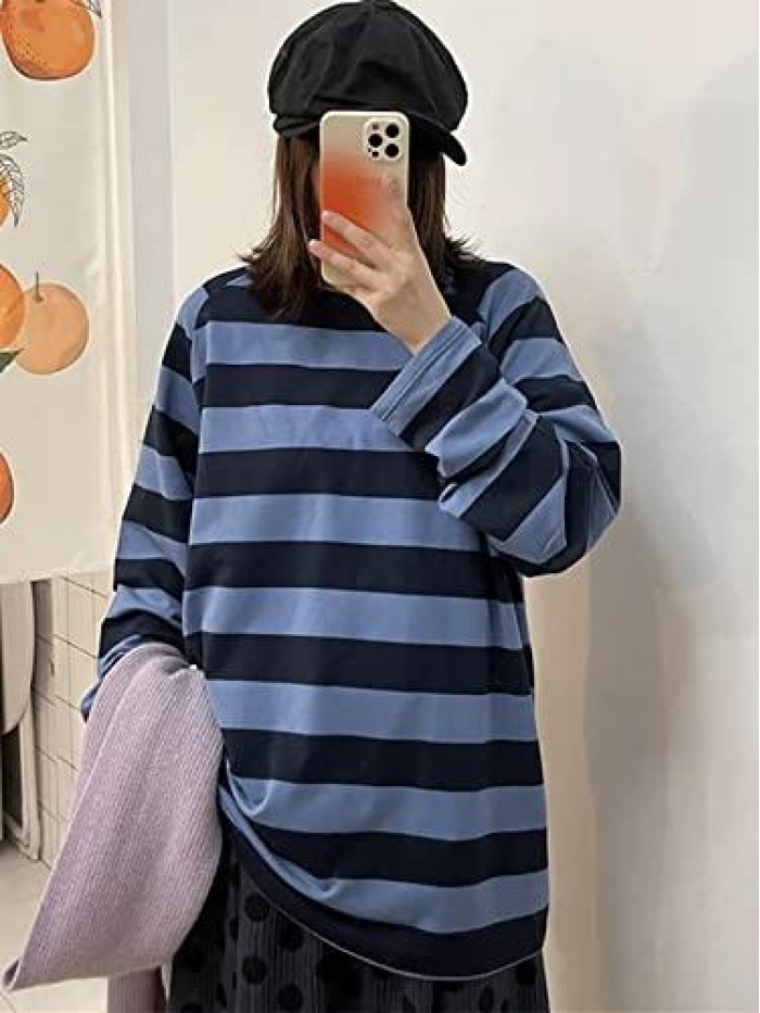 Harajuku Oversized Stripe Casual Long Sleeves Crewneck T-Shirt Tee Tops 