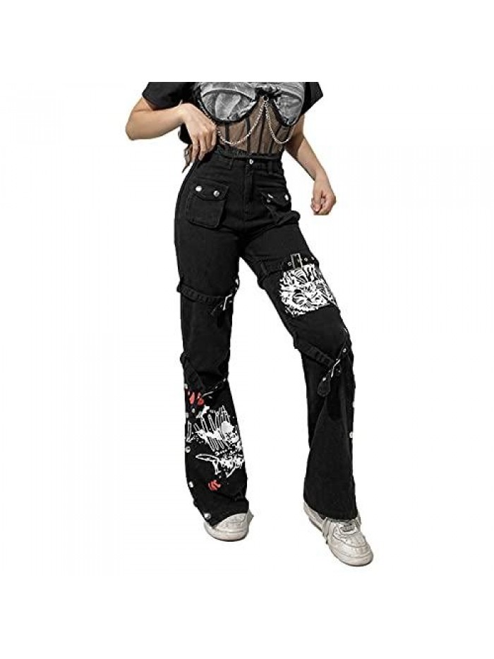 Women Harajuku Goth Pants Wide Leg Low Rise Baggy Pants Grunge Gothic Cargo Pants with Chain Streetwear 