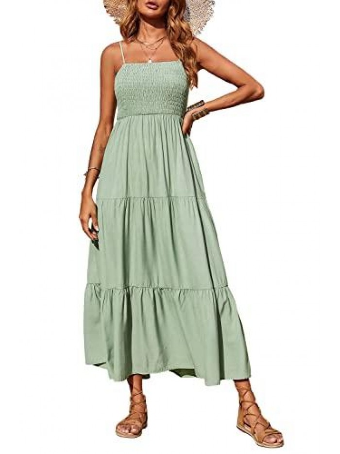 Women's Summer Maxi Dress Casual Boho Sleeveless Spaghetti Strap Smocked Tiered Long Beach Sun Dresses 