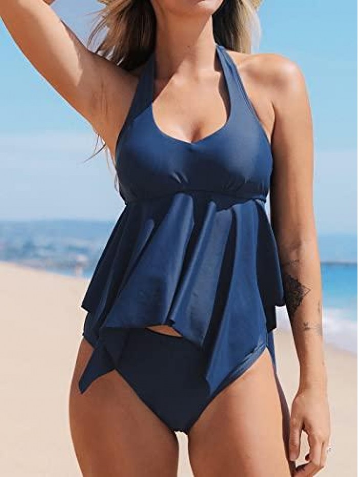 Women Halter Back Hood Tankini Set Ruffled Side Scoop Neck Bikini Swimsuit Low Rise Hipster Brief Bottom, XS Blue 