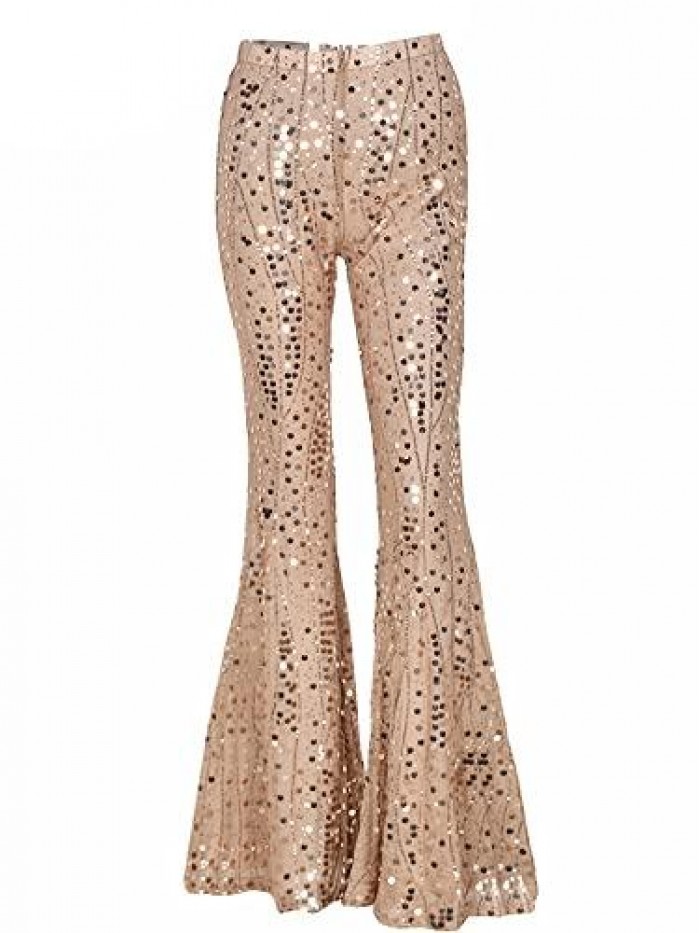 Women Fairy Sequin High Waist Flare Pants Sparkle Glitter Bell Bottom Trousers Party Clubwear Streetwear 