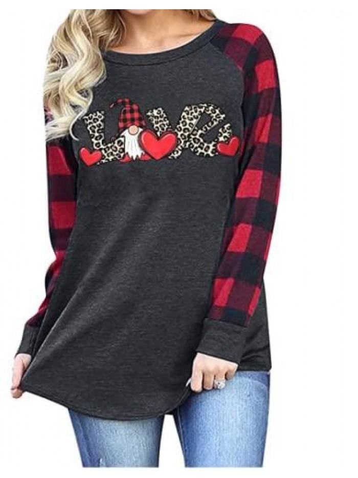 Day Shirts for Women Buffalo Plaid Gnomes T-Shirt Love Heart Print Graphic Tees Tops 