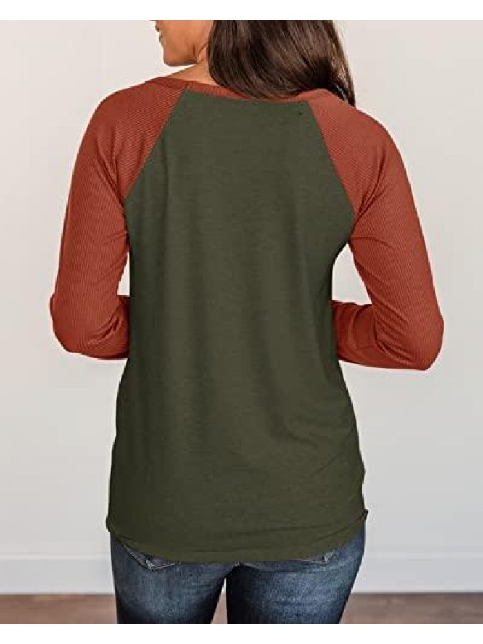 Womens Baseball Raglan Long Sleeve Tunic Tops Spring Color Block Crew Neck Tee Basic Casual Blouse 