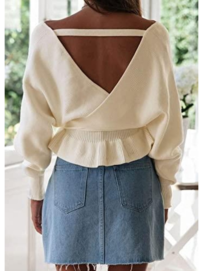 Women's Long Batwing Sleeve Wrap V Neck Belted Waist Ruffle Knitted Pullover Sweater Tops 