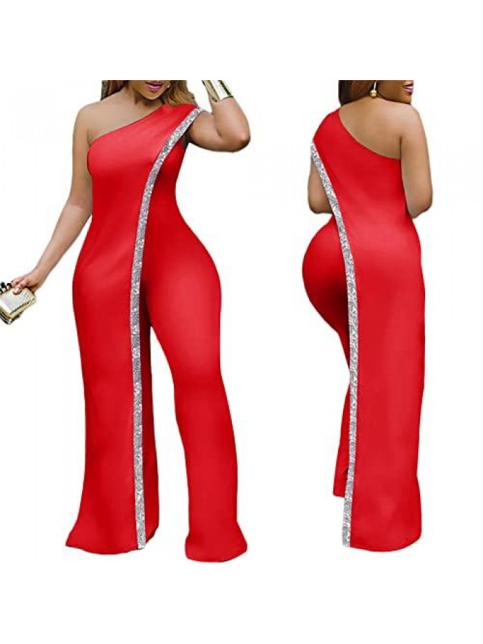 Women's One Shoulder Sequins Irregular Wide Leg Pants Jumpsuit Evening Party Romper Outfit 