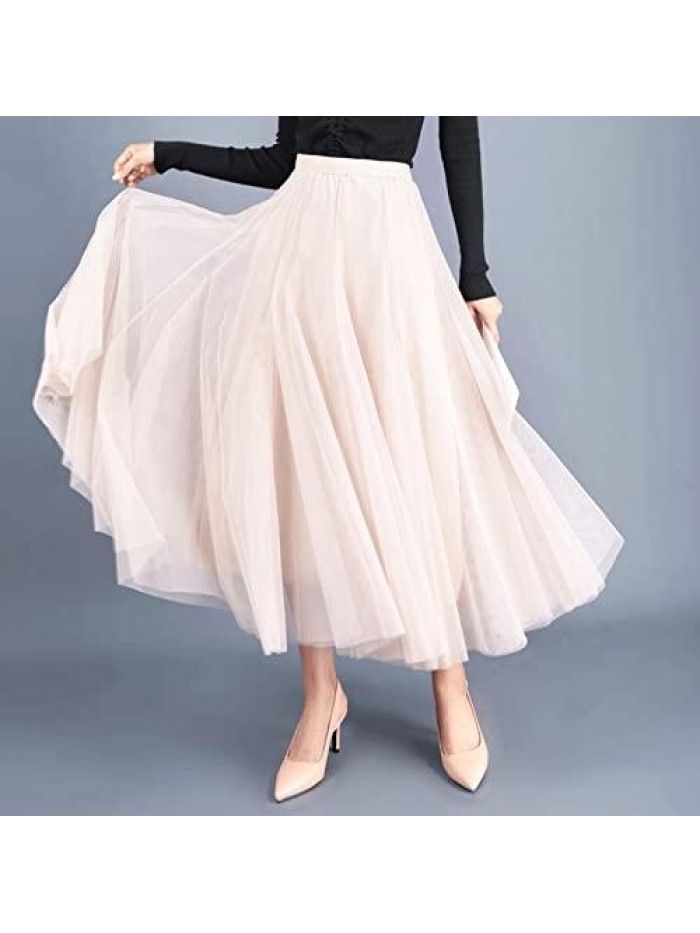 Tutu Tulle Skirt Elastic High Waist A Line Long Layered Midi Skirt for Prom Wedding Party  