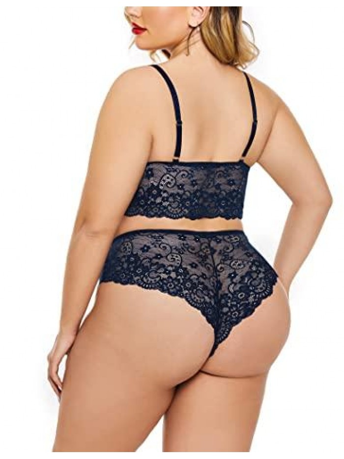 Plus Size Lingerie Set Lace Bralette and Panty Set High Waist Babydoll 