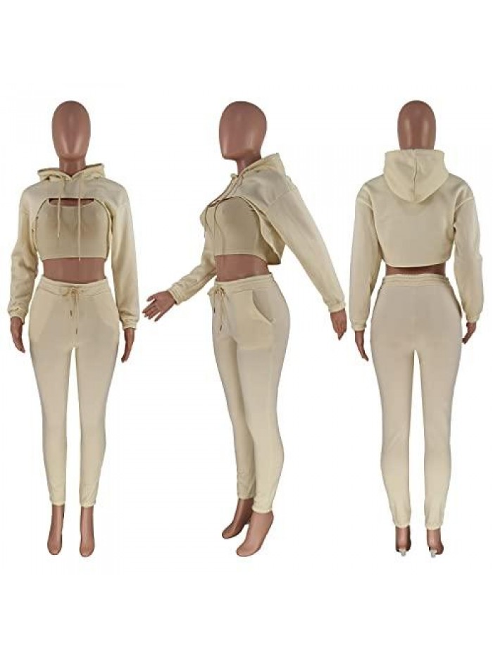 Sexy 3 Piece Tracksuits - Long Sleeve Pullover Crop Top Hoodie +Tank Top+Drawstring Long Pants Sweatsuit 