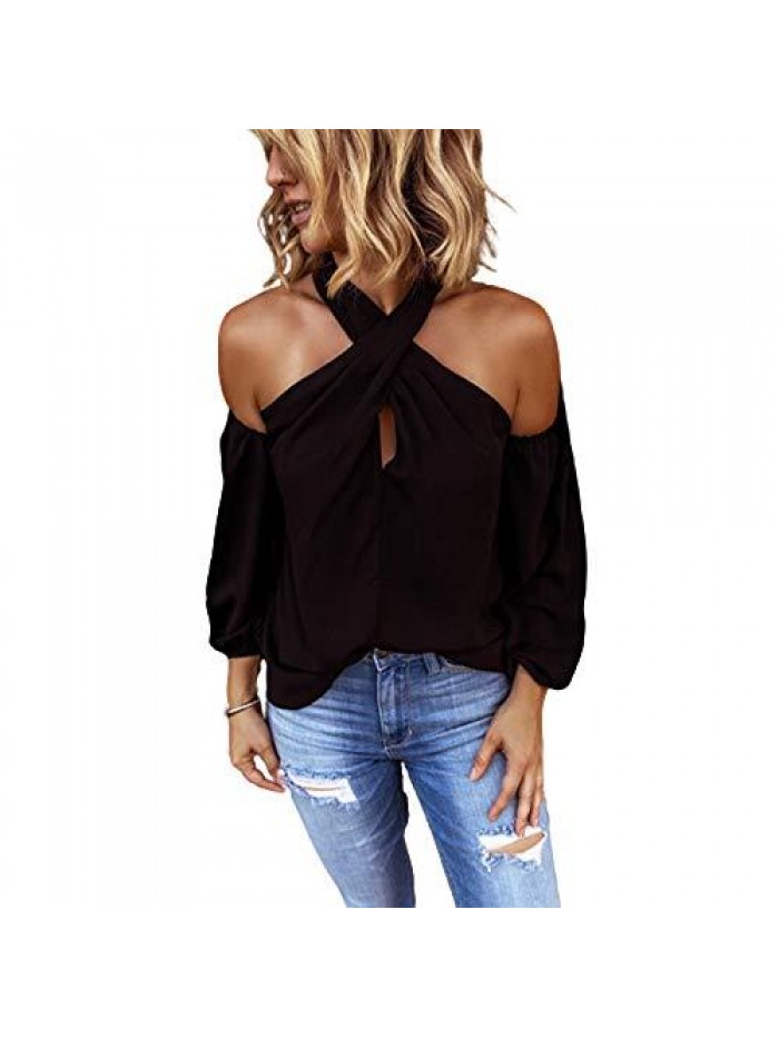 Women's Fashion Casual Zipper Cross Lantern Long Sleeve Halter Neck Sexy Solid Color Pullover Zipper Cross Top 