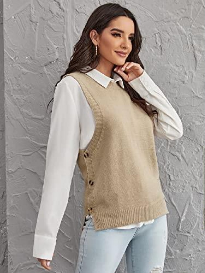 Women's Buttoned Side Slit Hem Round Neck Sleeveless Pullover Sweater Vest 