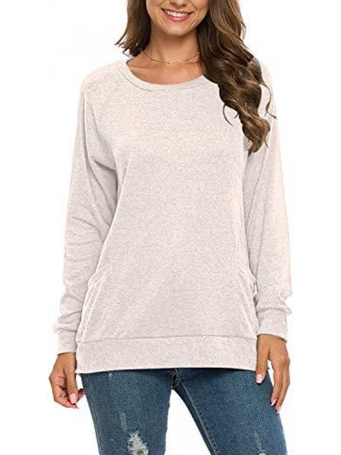 Women's Long Sleeve Round Neck Casual T Shirts Blouses Sweatshirts Tunic Tops with Pocket 