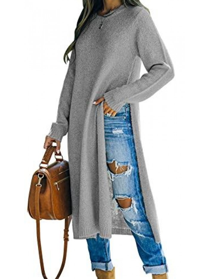 Women's Side Slit Knit Tunic Sweater Long Sleeve Crewneck Casual Long Pullover Jumper Tops 