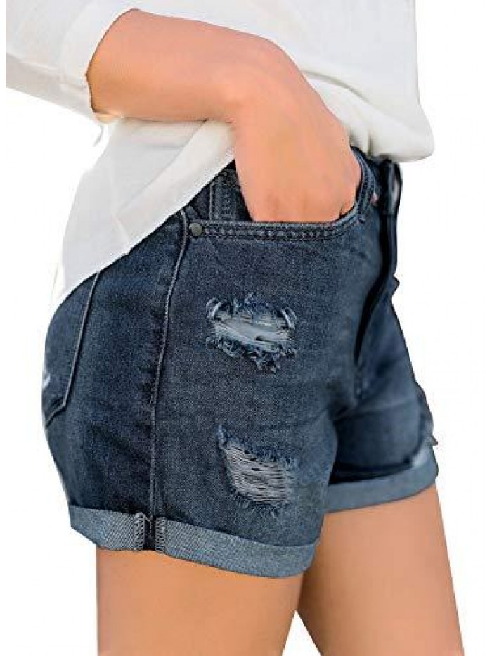 Women's Ripped High Waisted Denim Shorts Stretchy Cuffed Hem Jean Shorts 