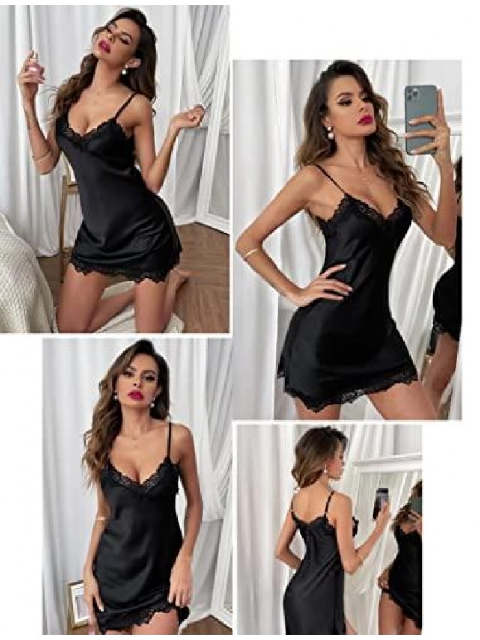 Satin Chemise Sexy Lingerie for Women Halter Dress Lace Nightgown Sleepwear S-XXL 