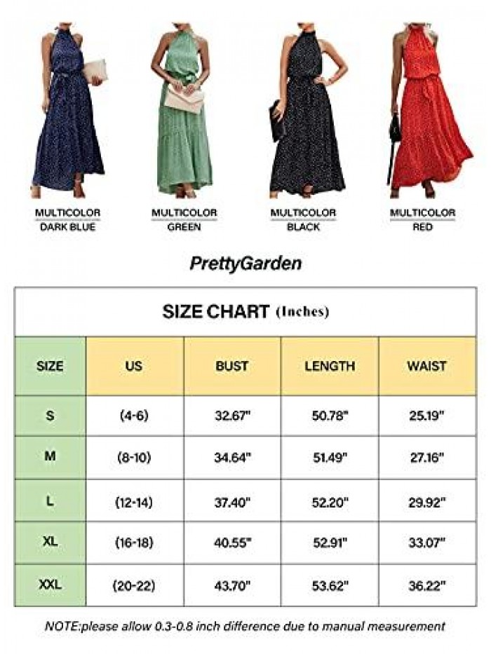 Women’s Casual Halter Neck Sleeveless Floral Long Maxi Dress Backless Loose Ruffle Sundress with Belt 