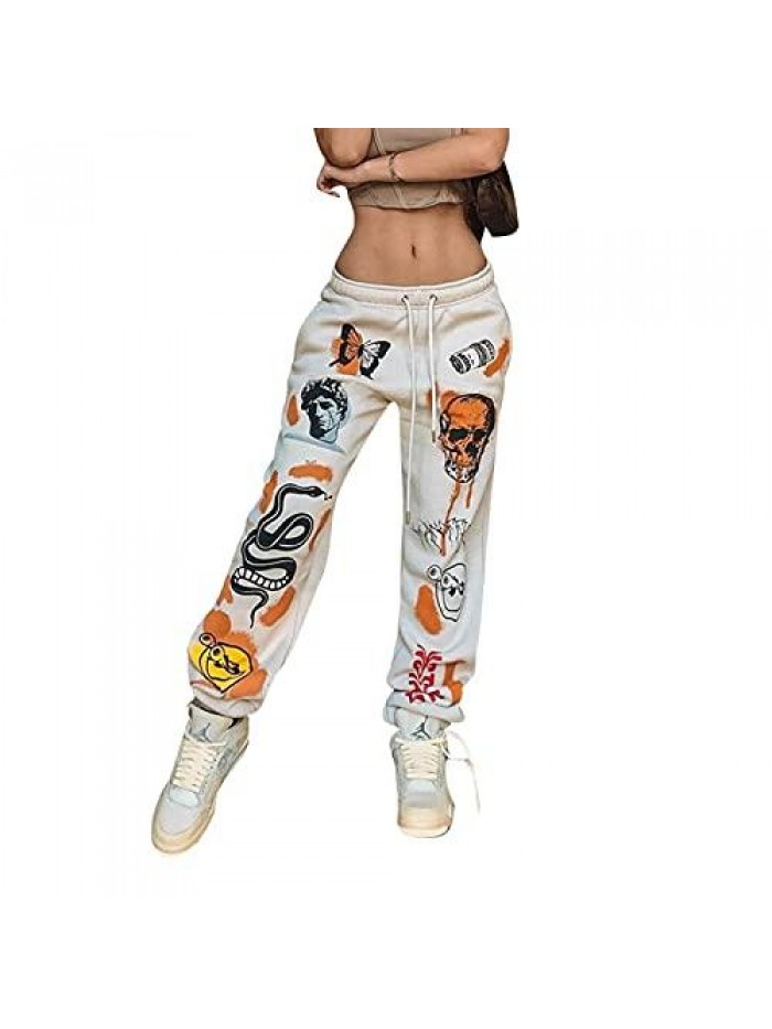 Women's Printed Jogger Pants Elastic Waist Fashion Graphic Hiphop Streetwear Loose Sweatpants with Pockets Trousers 