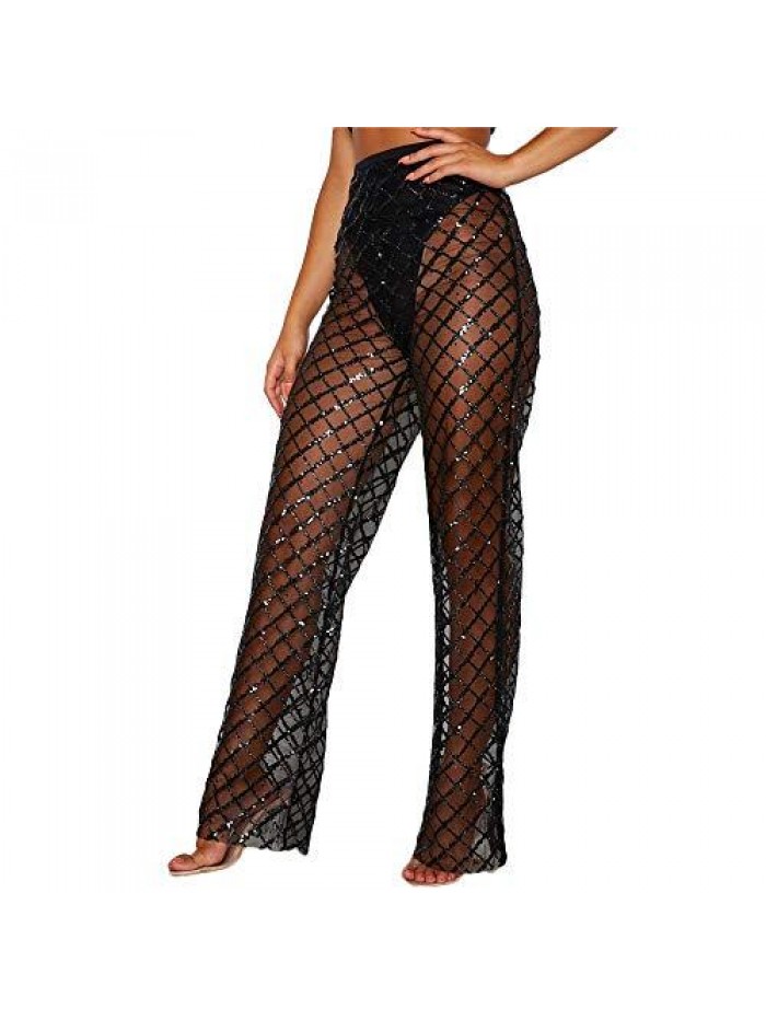 Sexy See Through Fishnet Pants High Waist Sheer Mesh Long Pant Sequins Wide Leg Trousers Sparkly Rave Club wear 