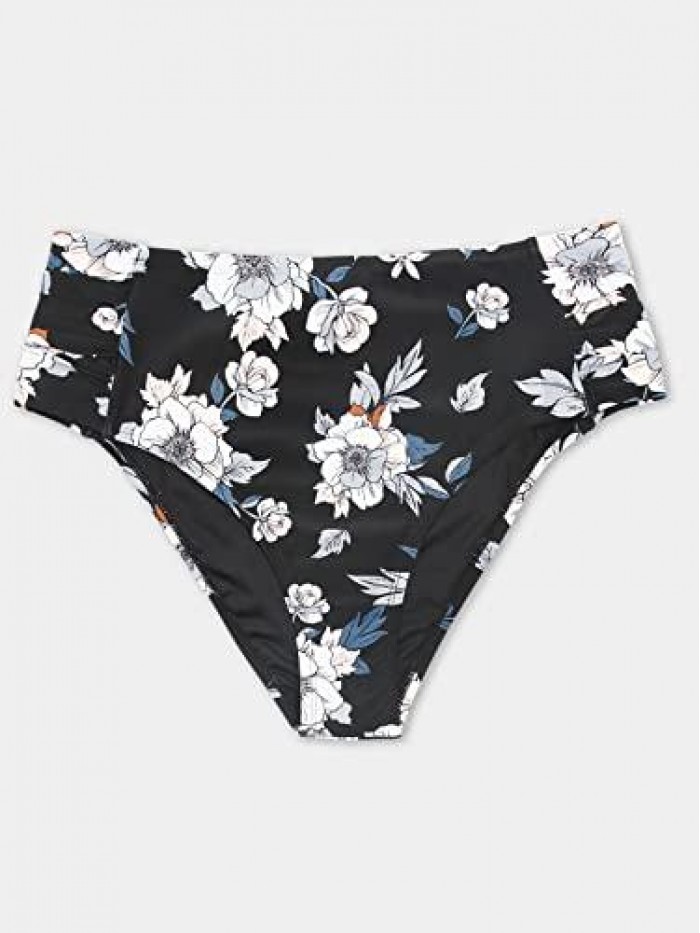 Women Floral Side Shirred Hipster Plus Size Bikini Bottom 