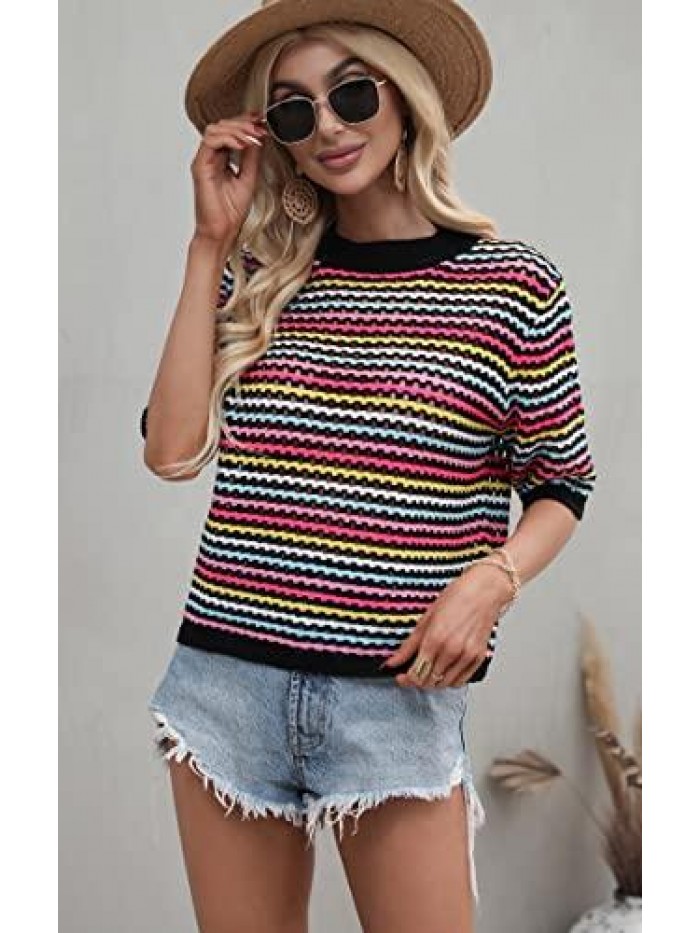 Women's Striped Knitted Shirt Casual Half Sleeve Soft Lightweight Crewneck Sexy Tops Hollow Out Sweater for Women 