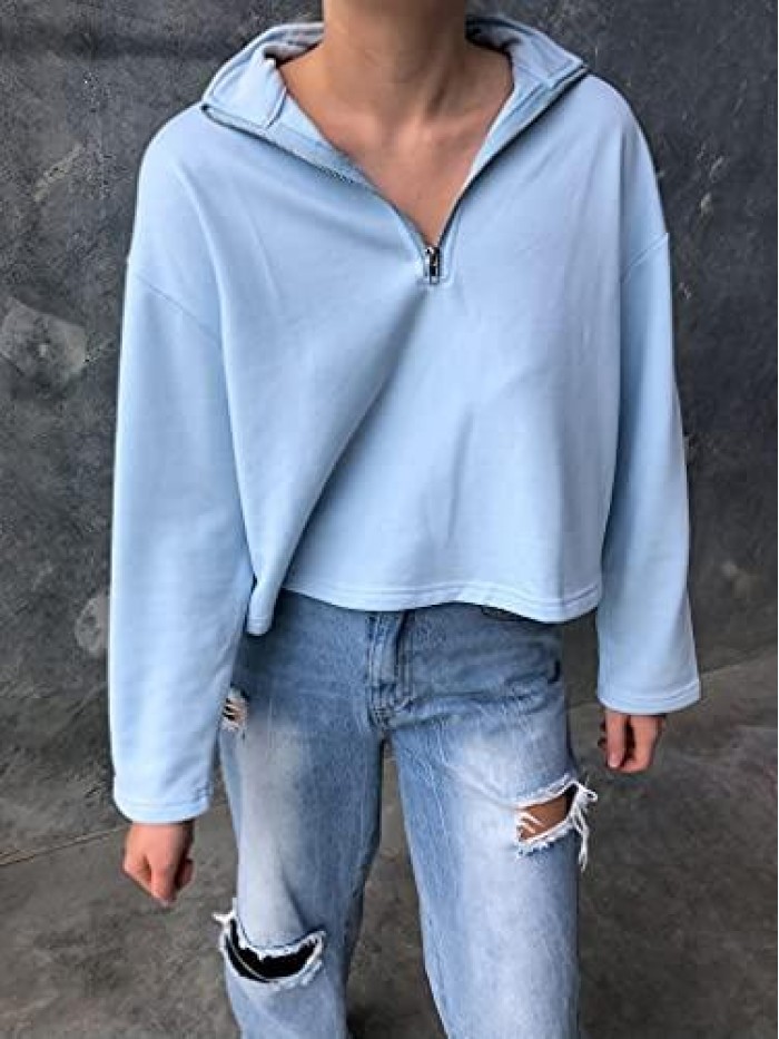 Oversized Half Zip Lapel Sweatshirt Solid Color Casual Long Sleeve Cropped Pullover Top 