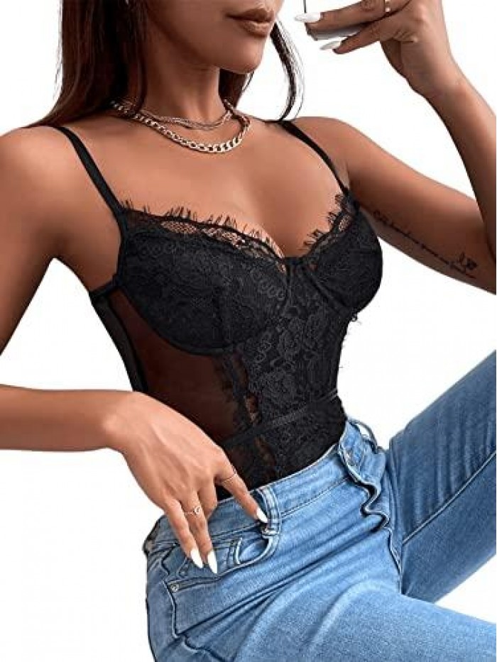 Women's Sheer Mesh Sleeveless Floral Lace Spaghetti Strap Cami Bodysuit Tops 