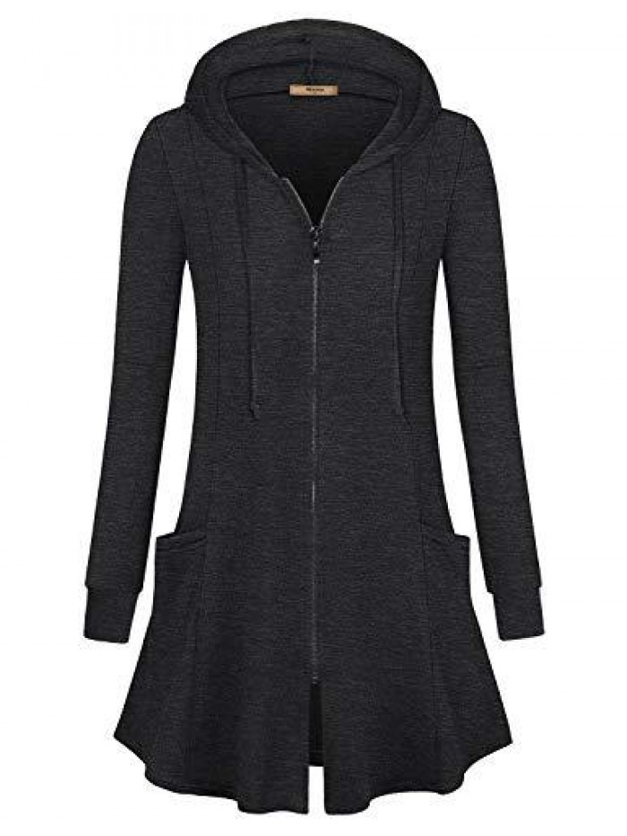 Womens Zip Up Long Hoodie Jacket Tunic Sweatshirt Open Front Cardigan 