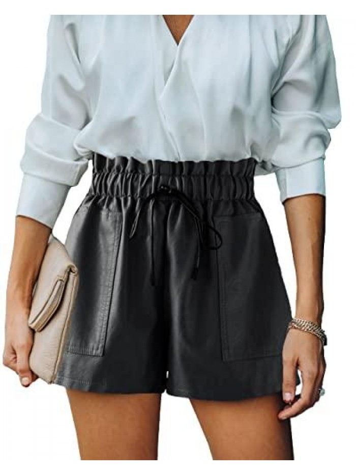 Women Faux Leather Short High Waist Leather Shorts Drawstring Elastic Waist Leather Short 