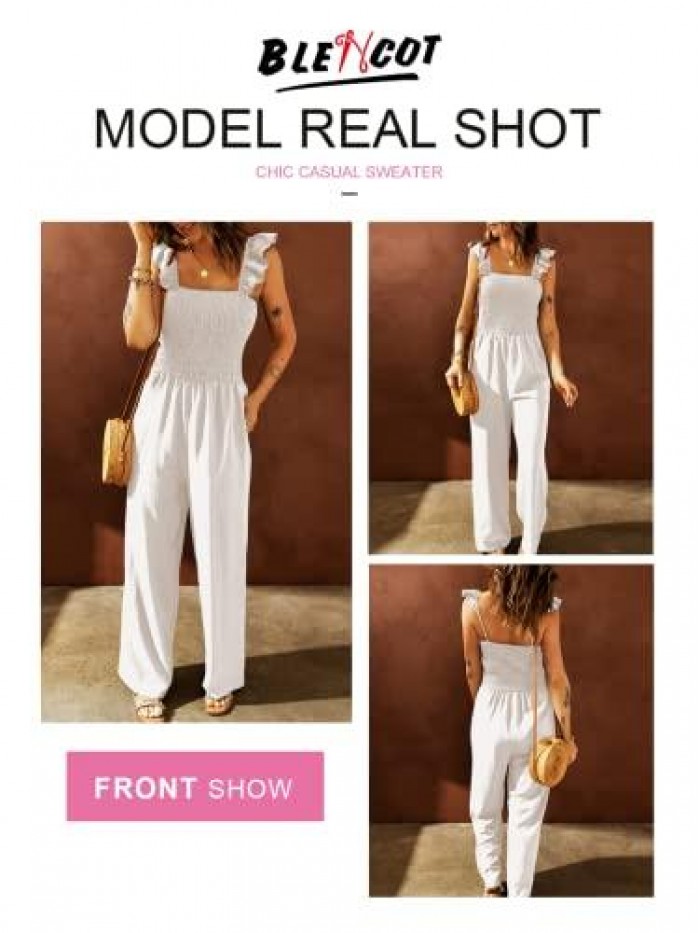 Women's Casual Off Shoulder Solid Color Spaghetti Straps Wide Leg Jumpsuit Romper S-XXL 