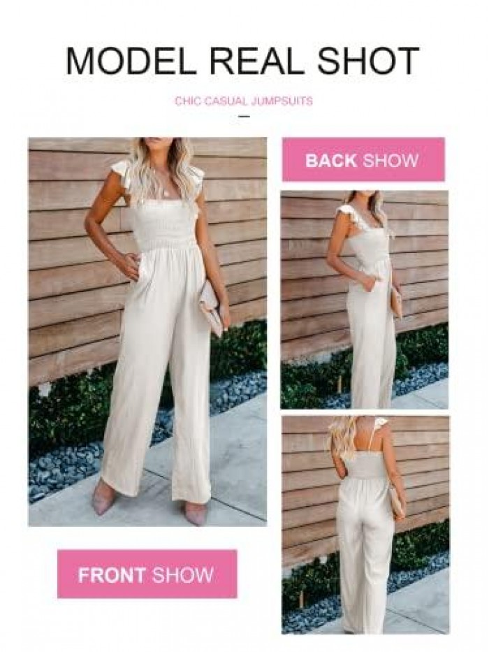 Women's Casual Off Shoulder Solid Color Spaghetti Straps Wide Leg Jumpsuit Romper S-XXL 