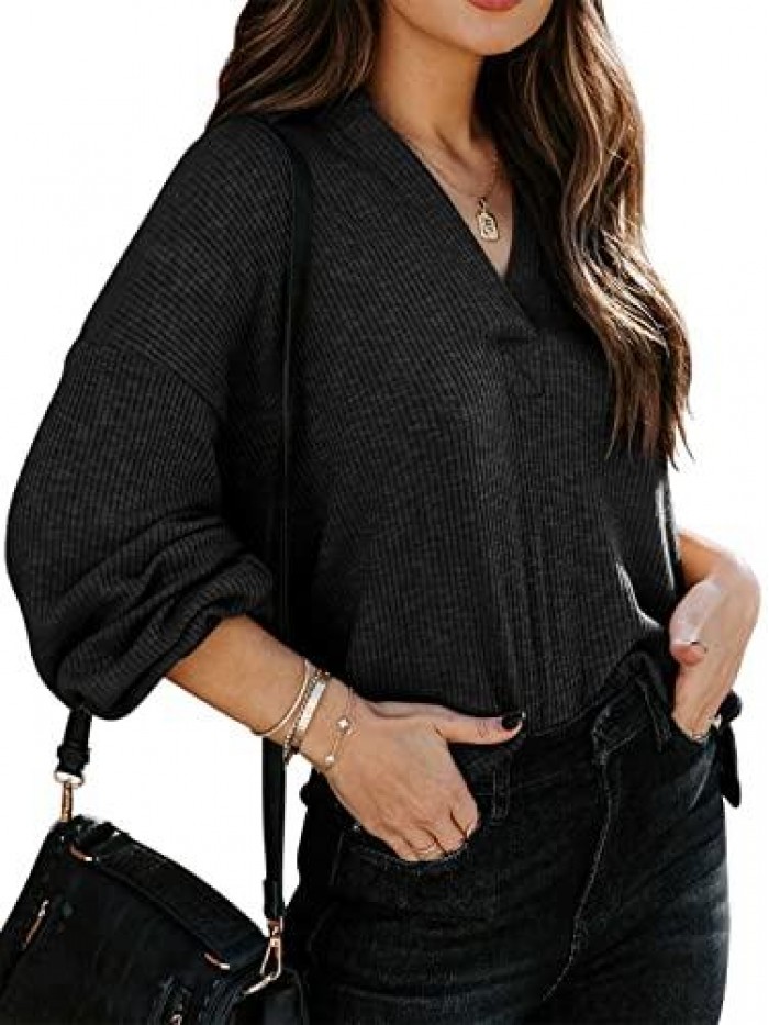 Women’s Long Sleeve Split V Neck Ribbed Collared Tops Casual Loose Polo T Shirts Blouse 