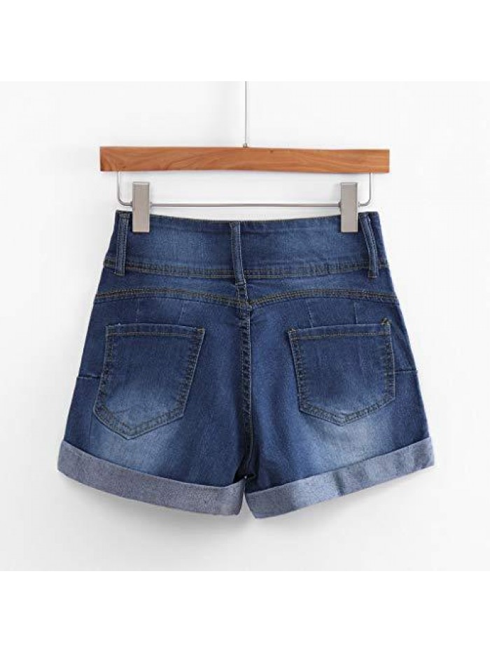 Denim Shorts Summer Mid Waist Rolled Hem Distressed Short Jeans for Women 