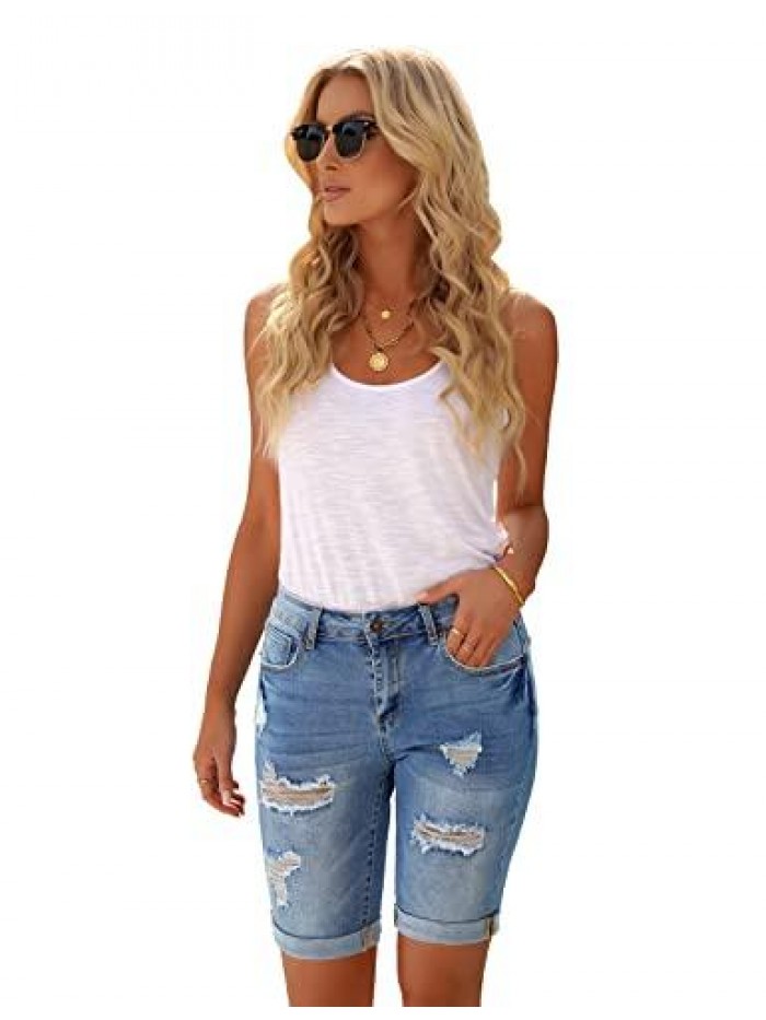 Women's Casual High Waisted Rolled Hem Bermuda Shorts Ripped Denim Jean Shorts 