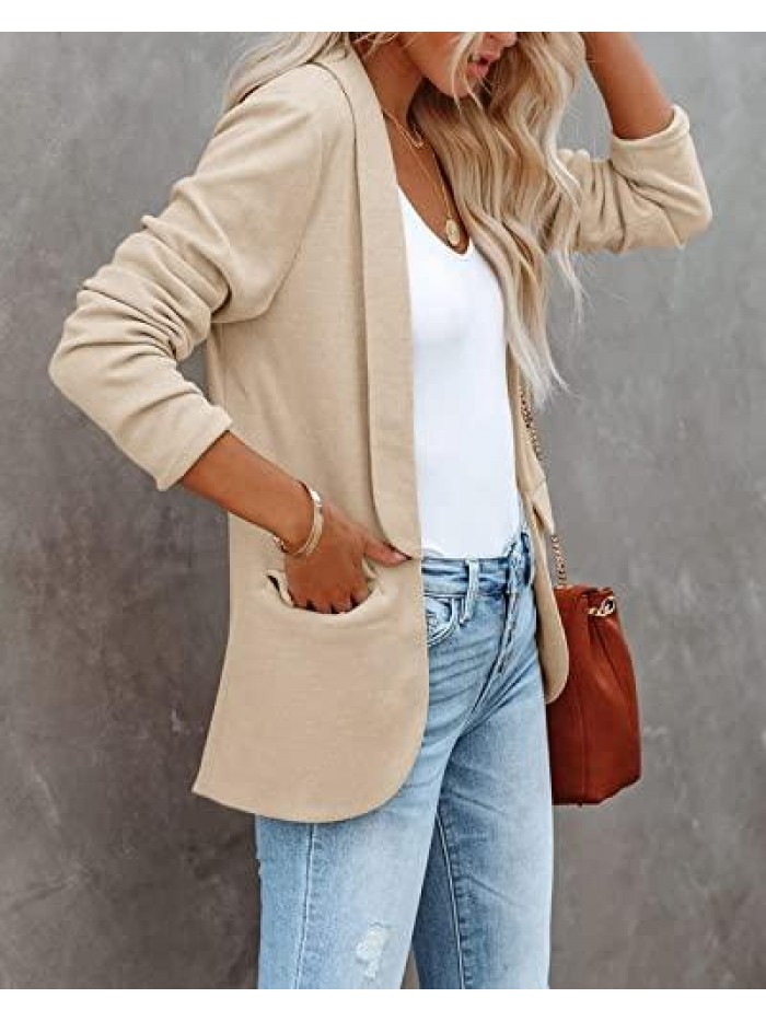 Casual Open Front Blazer Long Sleeve Work Office Suit Jacket Waffle Knit Lapel Coat Tops with Pocket 