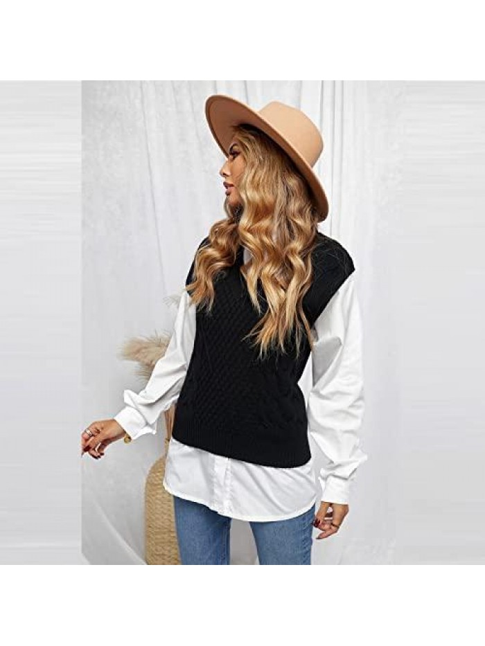 Sweater Vest Women, V Neck Women's Sweater Vests, Black Sweater Vest Sleeveless Knitwear Tank Tops 