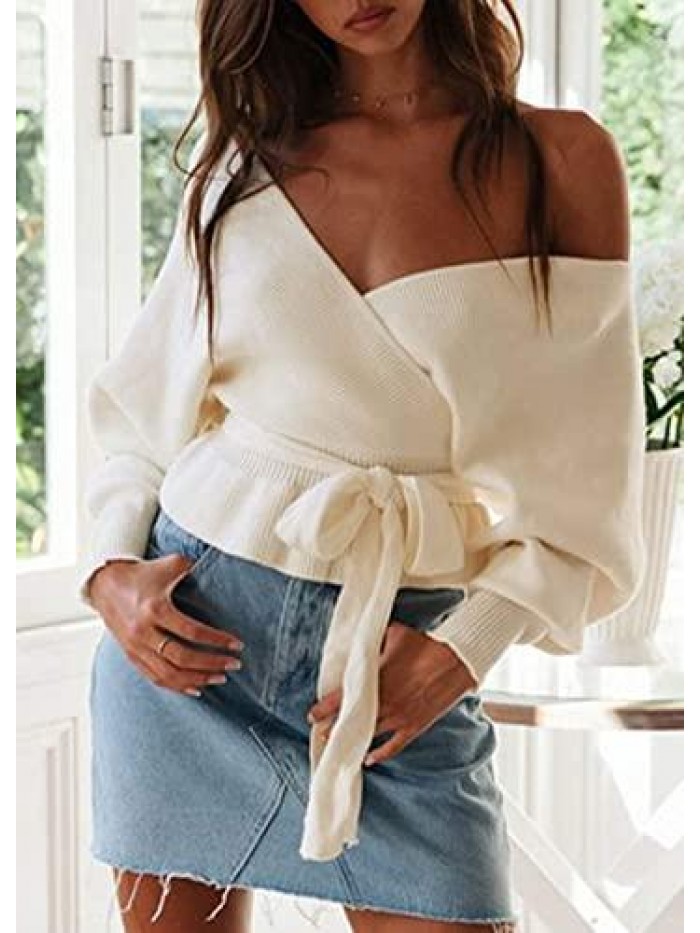 Women's Long Batwing Sleeve Wrap V Neck Belted Waist Ruffle Knitted Pullover Sweater Tops 