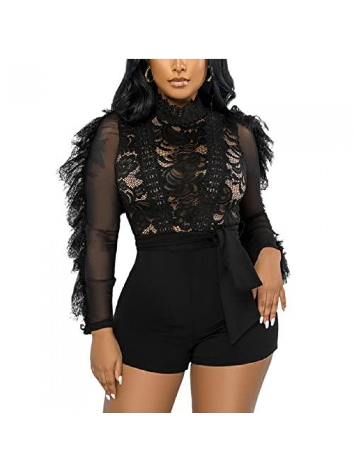 Women's Sexy Lace Bodysuit Sheer Mesh Ruffle Long Sleeve Round Neck Top Short Romper Clubwear 