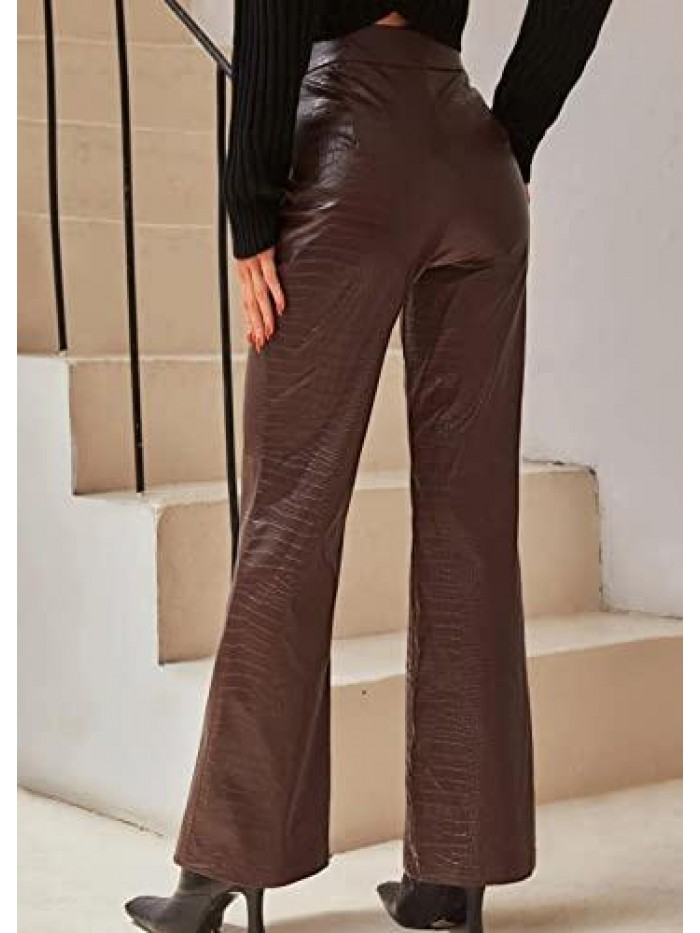 Crocodile Effect Straight Leg PU Leather Trousers High Waist Faux Leather Pants 