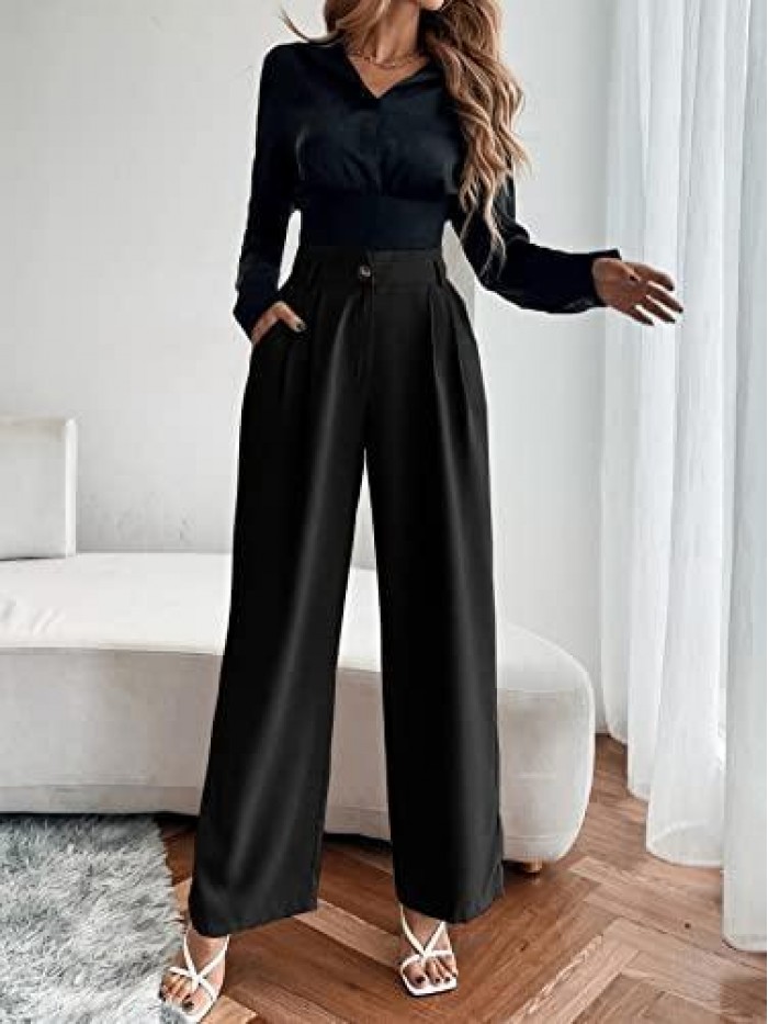 Women's Casual High Waist Wide Leg Pants Trousers with Pocket 