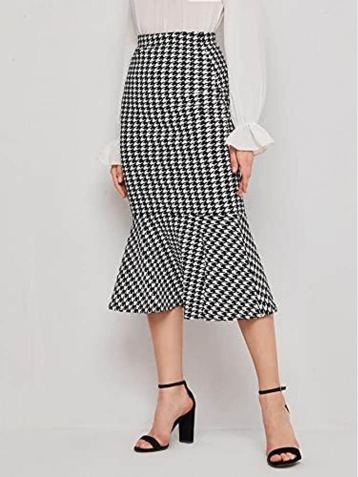 Women's Houndstooth Print Ruffle Hem Long Pencil Bodycon Fishtail Skirt 